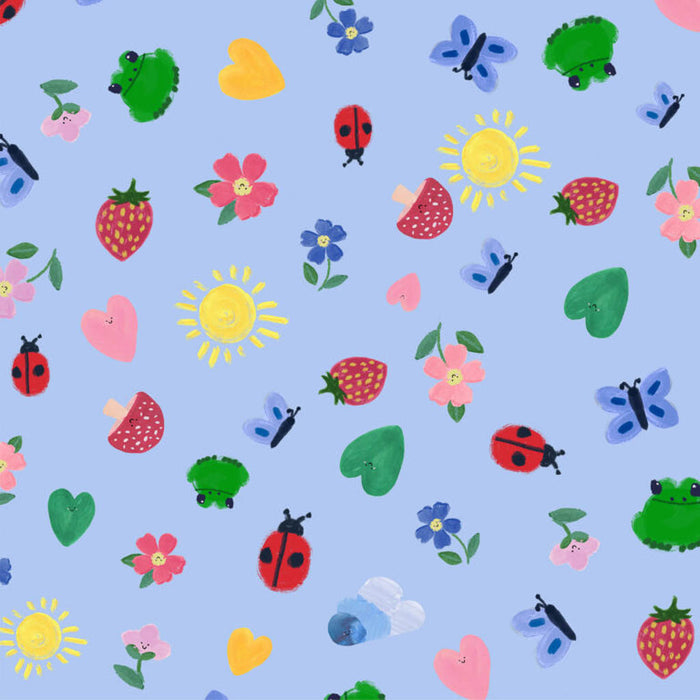 Children's ditsy pictures printed on blue cotton quilting fabric
