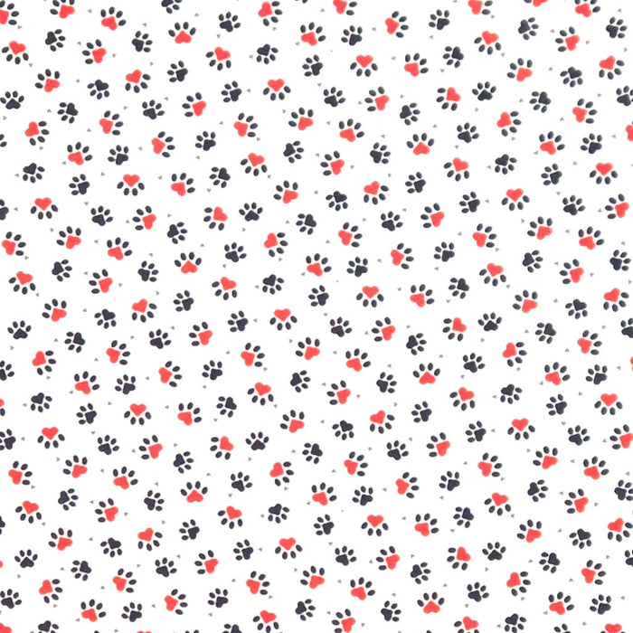 Pattern of black paw prints and red hearts on a white background
