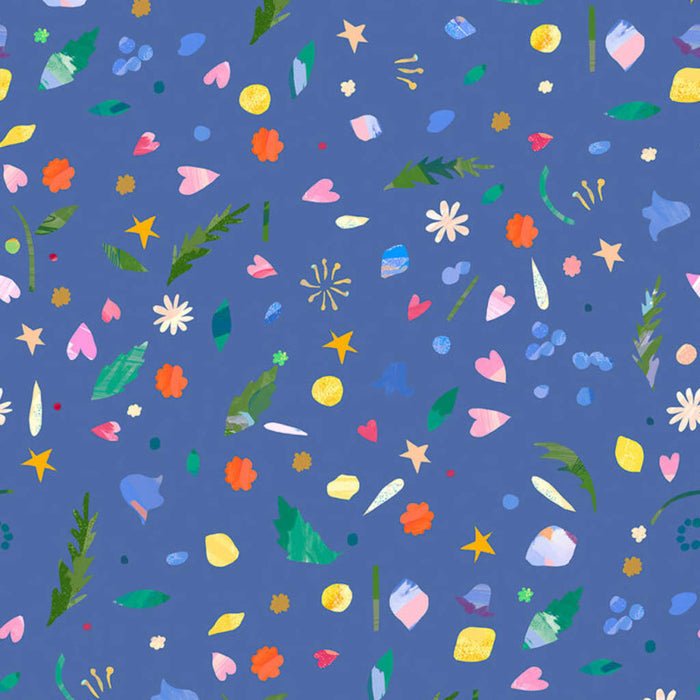 Colourful pattern of flowers, leaves, and abstract shapes on a blue cotton quilting fabric