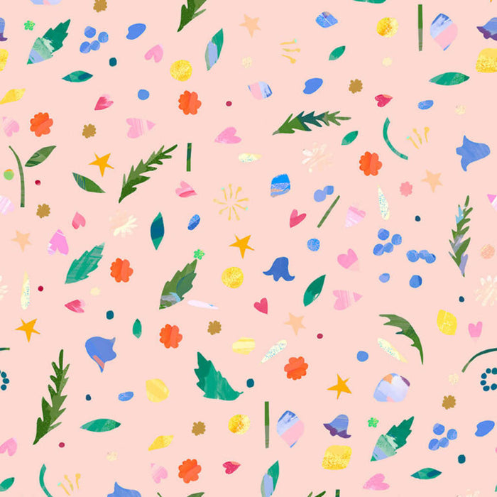 Colourful pattern of leaves and flowers on a pink cotton quilting fabric