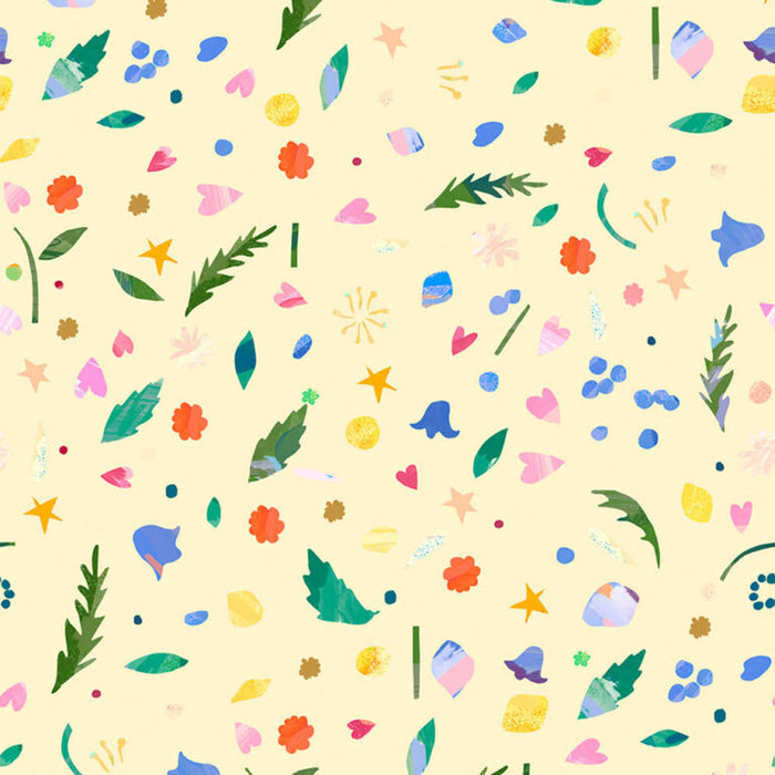 Colourful pattern of leaves, flowers, and abstract shapes on a yellow cotton quilting fabric