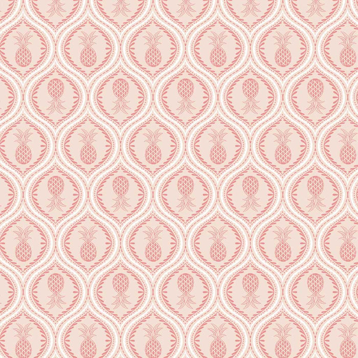Gorgeous pineapples in mandala-like tear drops of cerise are printed on a light lychee pink quilting cotton.