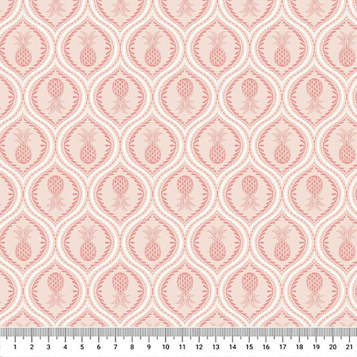 Gorgeous pineapples in mandala-like tear drops of cerise are printed on a light lychee pink quilting cotton.