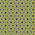 Pattern of geometric shapes with blue and yellow colours on a blue cotton quilting fabric