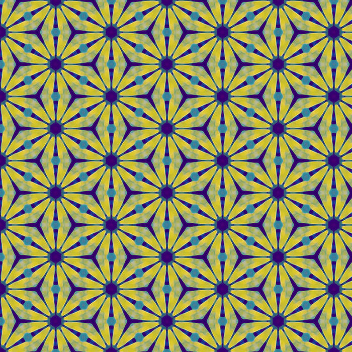 Pattern of geometric shapes with blue and yellow colours on a blue cotton quilting fabric