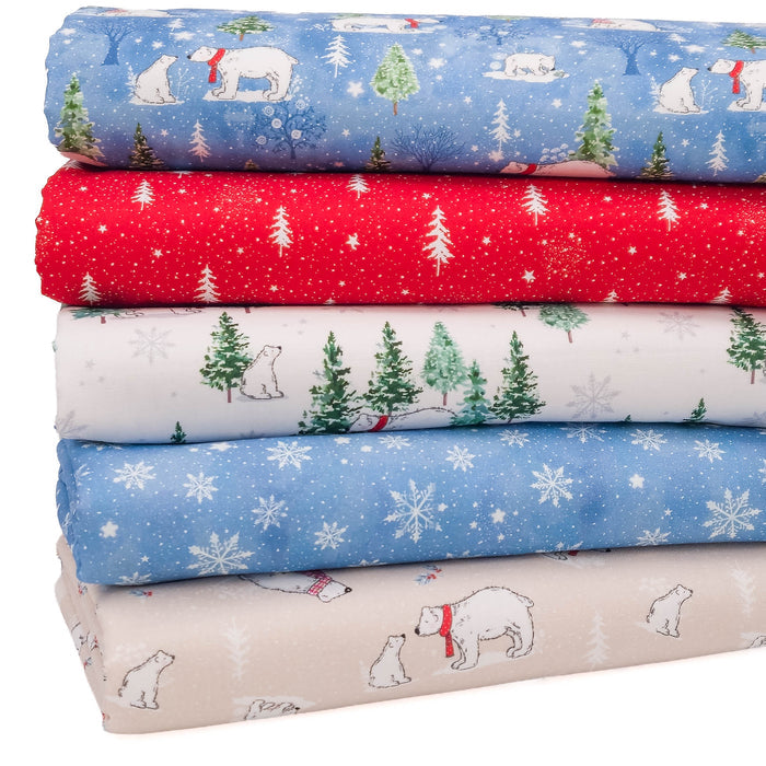 A cotton fat quarter bundle featuring a winter polar bear and Christmas tree pattern in different colors: blue, red, white, light blue, and beige.