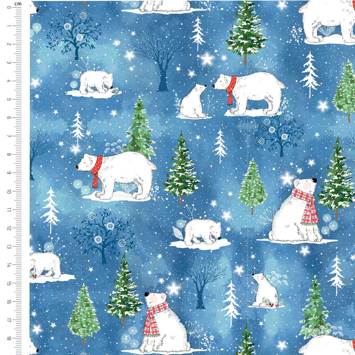 Blue winter-themed fabric pattern featuring white polar bears in snow with red scarves, evergreen trees, and falling snowflakes, shown with a cm ruler along the left edge.