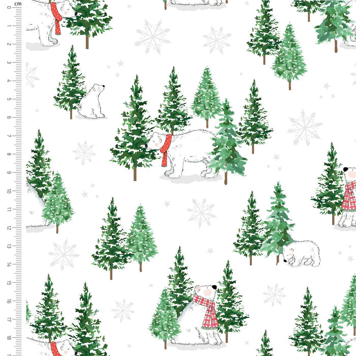 A repeating winter forest pattern on a white background, featuring green pine trees, snowflakes, and polar bears wearing red plaid scarves. A cm ruler is visible along the left edge, suggesting this is a fabric or paper print sample.