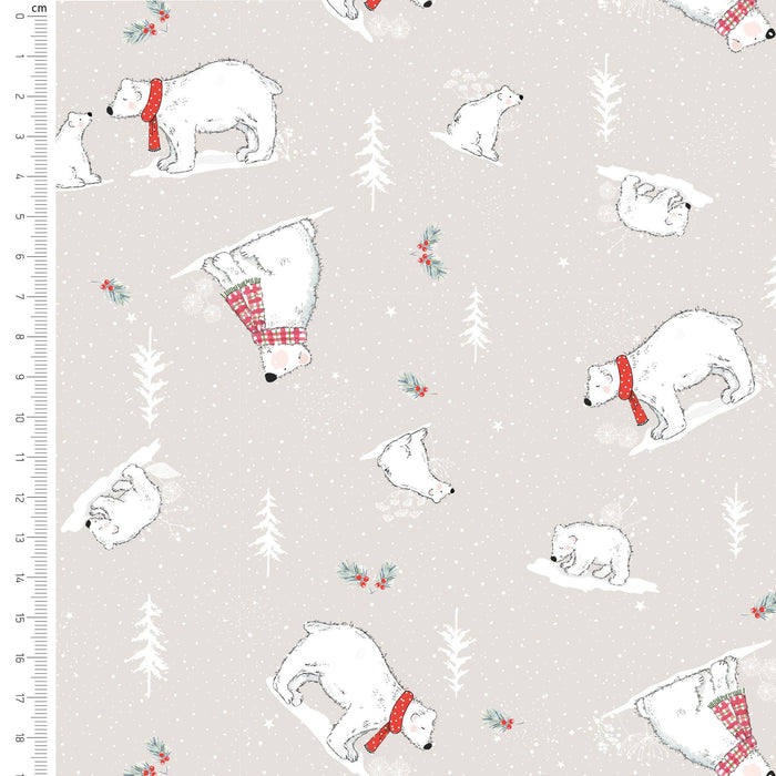 A repeating pattern of white polar bears wearing red plaid scarves, white pine trees, and small red berry clusters on a light warm gray background, shown with a ruler along the left edge for scale.