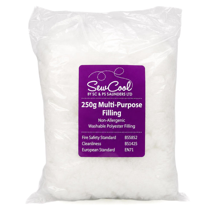 A large clear plastic bag filled with white multi-purpose sewing polyester filling, featuring a purple label with the brand 'SewCool' and product details.