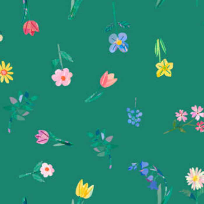 Pattern of colourful flowers on a green cotton quilting fabric