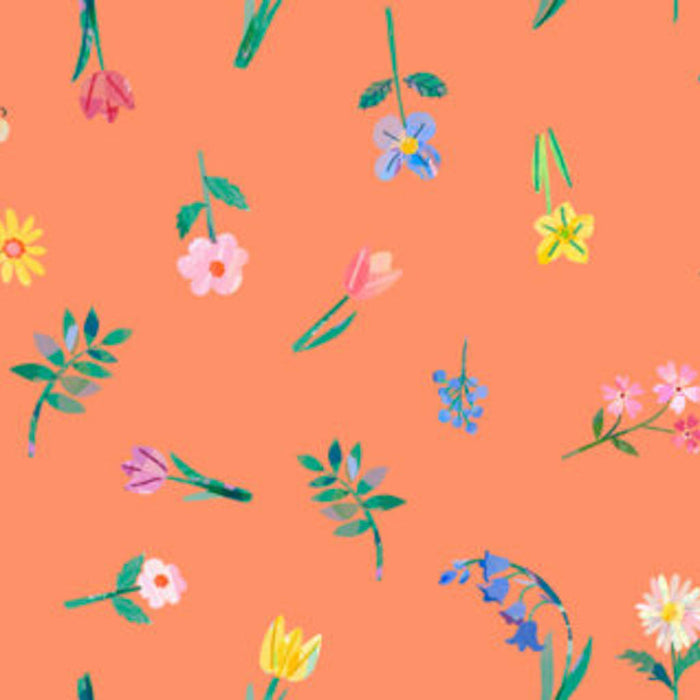 Pattern of colourful flowers on an orange cotton quilting fabric