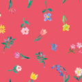 Floral pattern with colourful flowers on a red cotton quilting fabric
