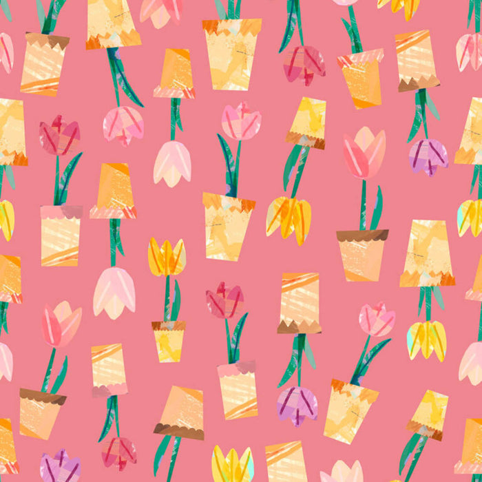 Pattern of potted tulips on a pink cotton quilting fabric