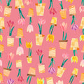 Pattern of potted tulips on a pink cotton quilting fabric