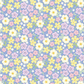 Pastel floral pattern on a blue cotton quilting fabric