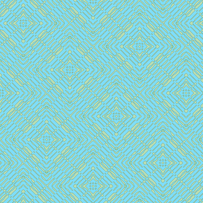 Geometric pattern with blue and green colorus on a blue quilting cotton fabric