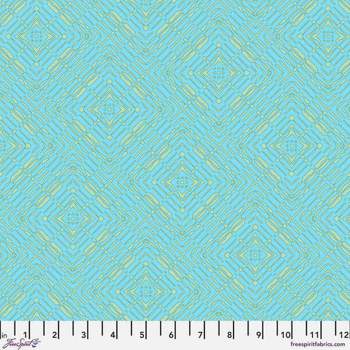 Geometric pattern quilting cotton with blue and green colours