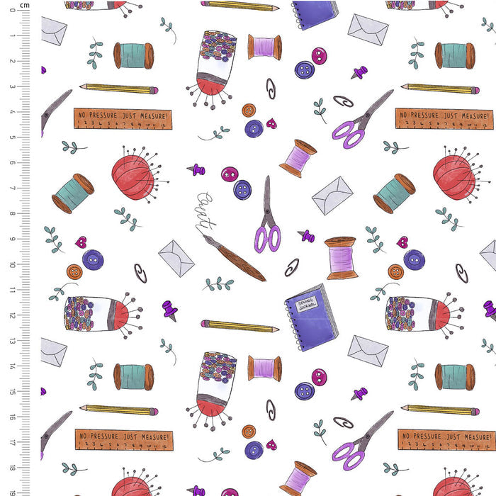 Sewing themed cotton fabric with scissors and bobbins printed on white background