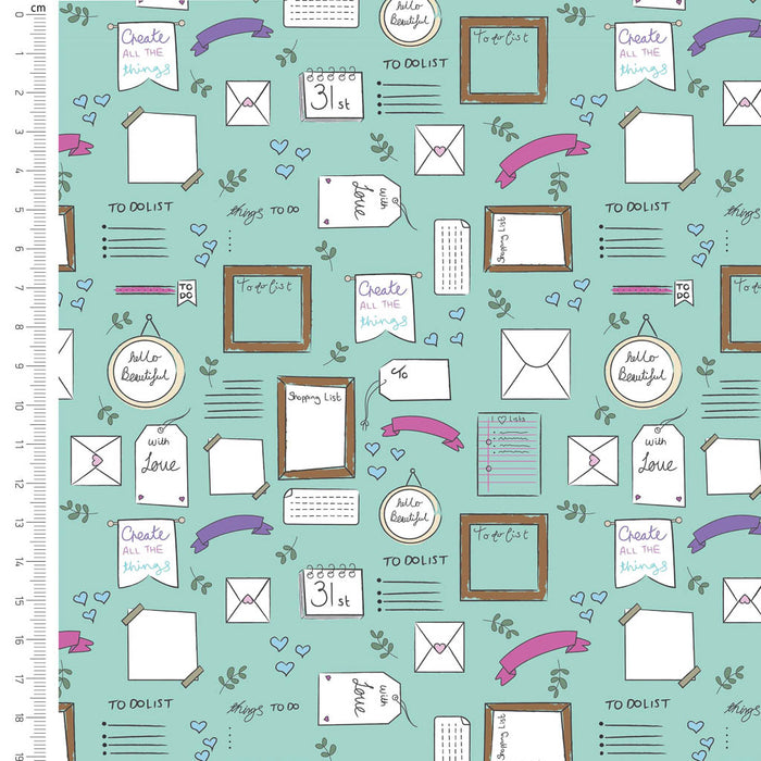 Sewing notes printed on a mint cotton fabric