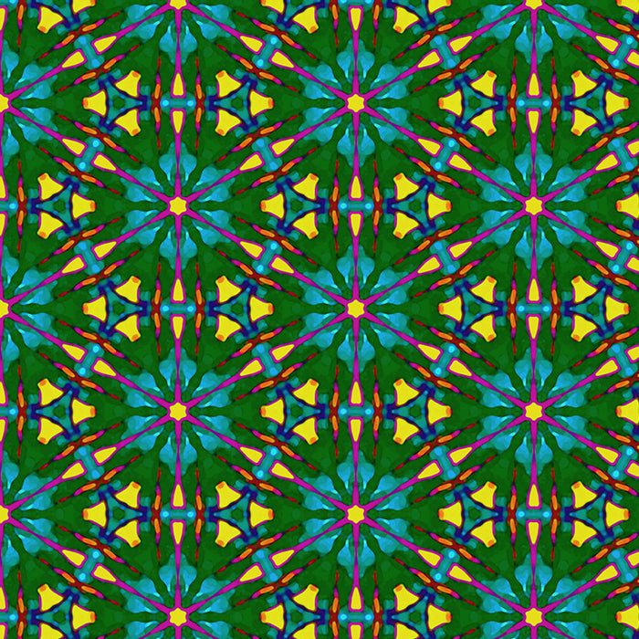 A brightly coloured geometric pattern printed on cotton quilting fabric