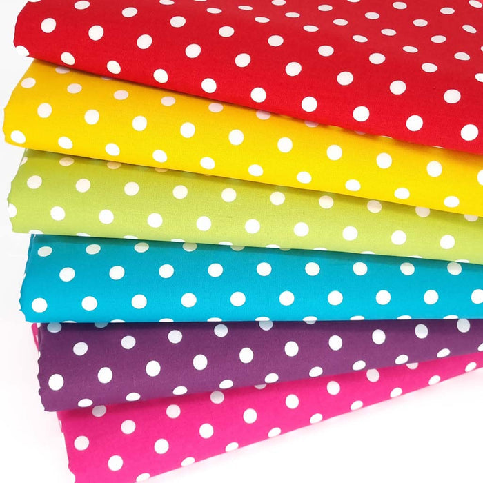 6 fat quarters in a bundle of rainbow pea spot cotton poplin fabrics