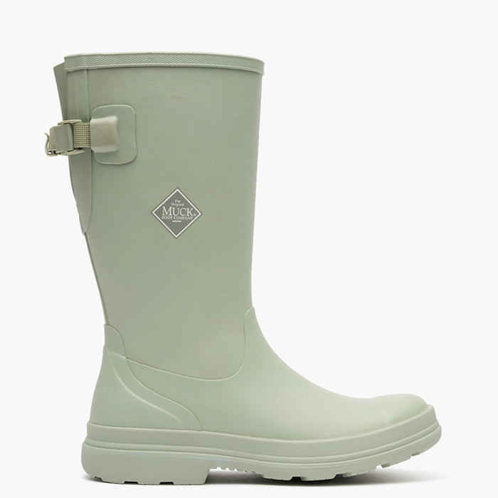 Light green rain boot with a visible brand logo on a white background
