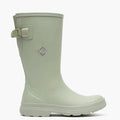 Light green rain boot with a visible brand logo on a white background