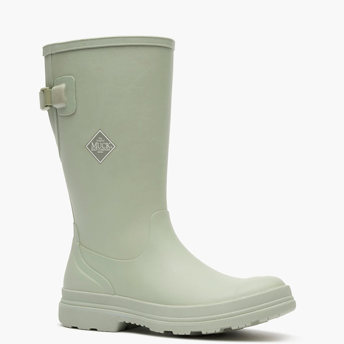 Light green rubber boot with a visible brand logo on a white background