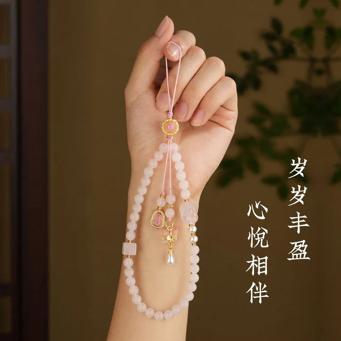 Rose Quartz crystal phone charm with pearl accents for love and harmony, Crystalvana