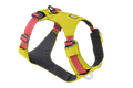 Stock image of the Hi & Light Harness in Lichen Green, a bright yellow and pink harness on a white background.