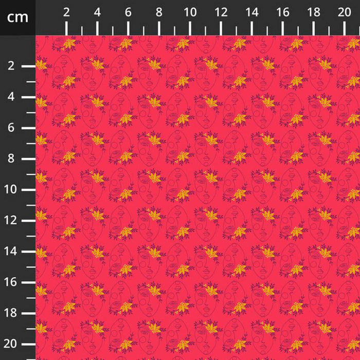 Fabric swatch with a red background and yellow floral pattern, measured in centimeters.