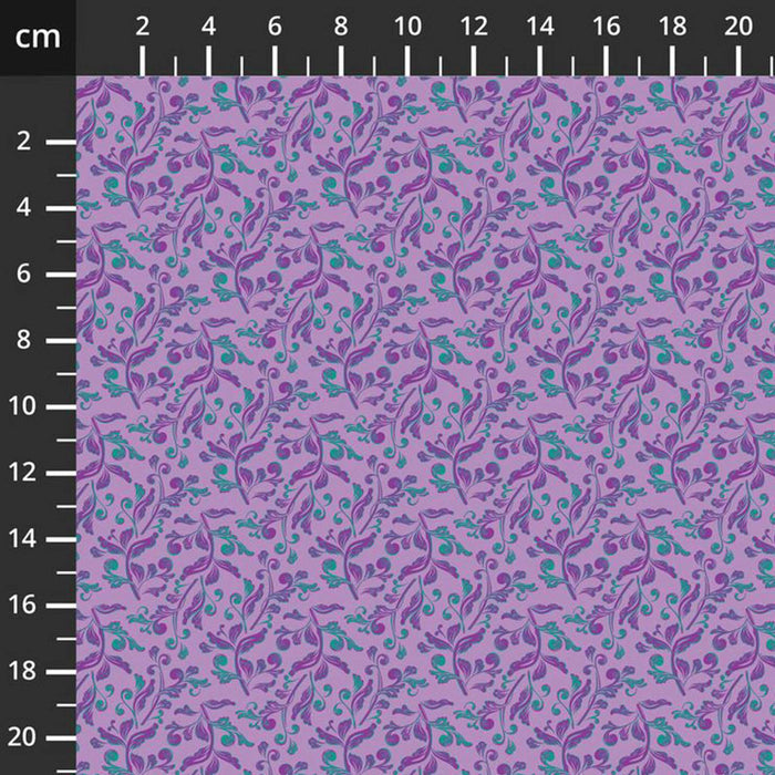 Purple fabric with a floral pattern and measurement scale on the side