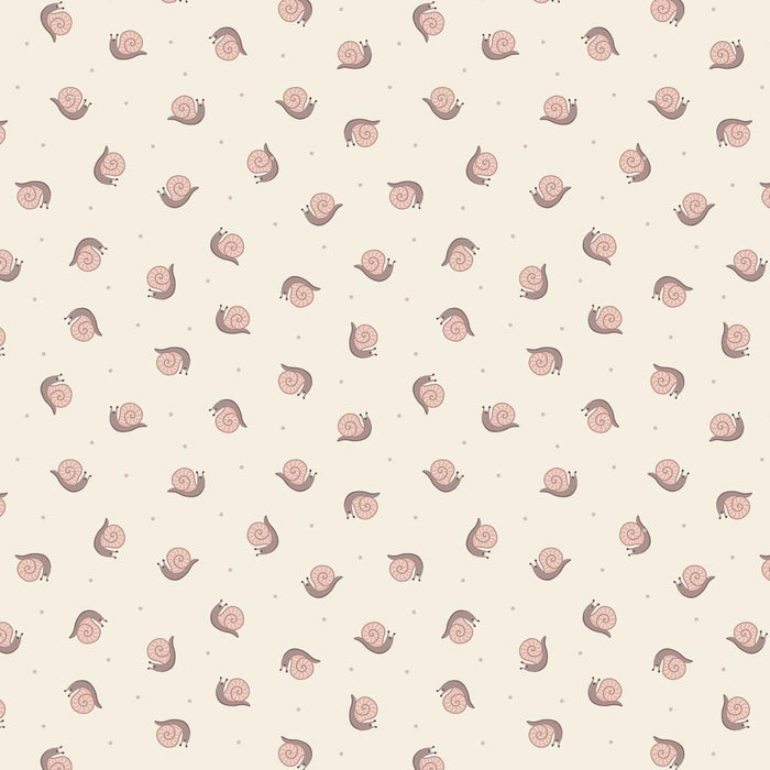 Miniature snails sliding along a light grey 100% cotton fabric