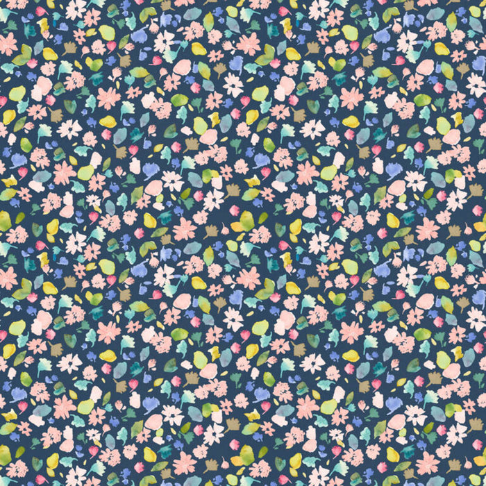 Pattern of small flowers and leaves on a dark blue cotton quilting fabric