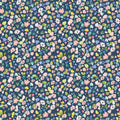 Pattern of small flowers and leaves on a dark blue cotton quilting fabric