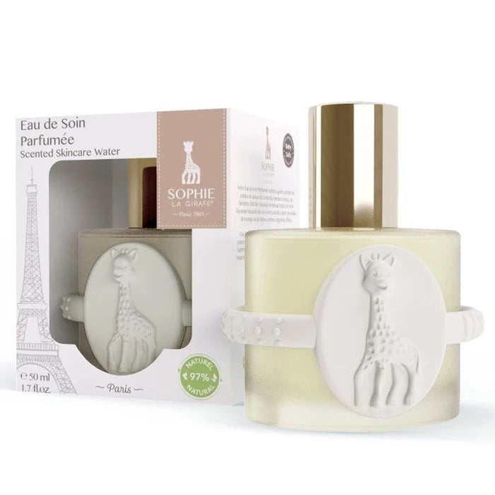Sophie la Girafe Eau de Soin scented skincare water 50ml bottle with natural rubber teething ring