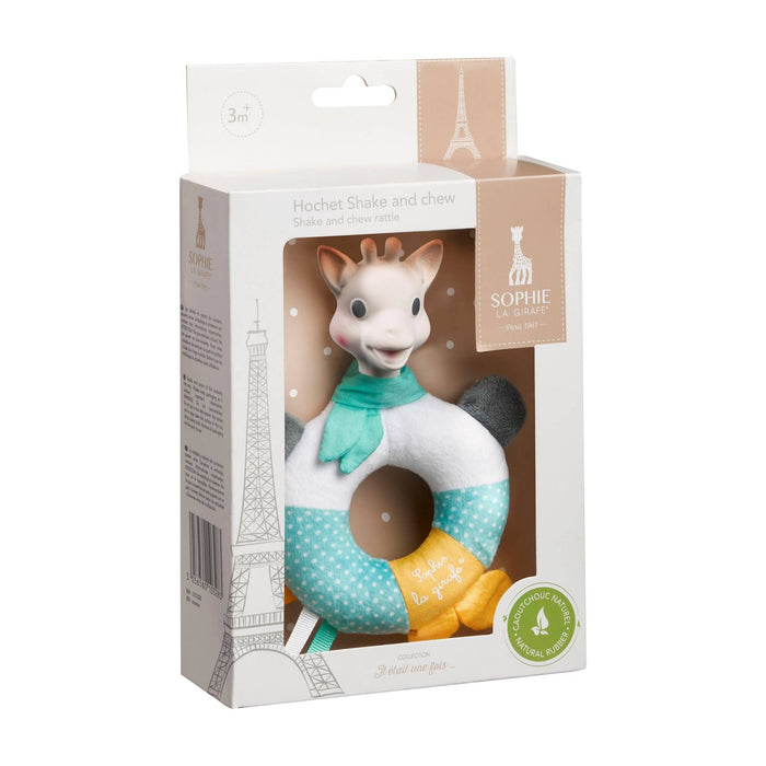Sophie la girafe Shake & Chew Rattle in a white box