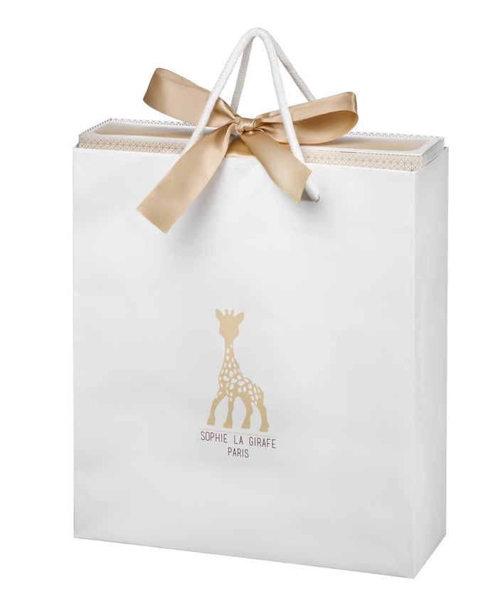 Sophie la Girafe teether and Pouet Rattle from Sophiesticated Set inside the gift bag