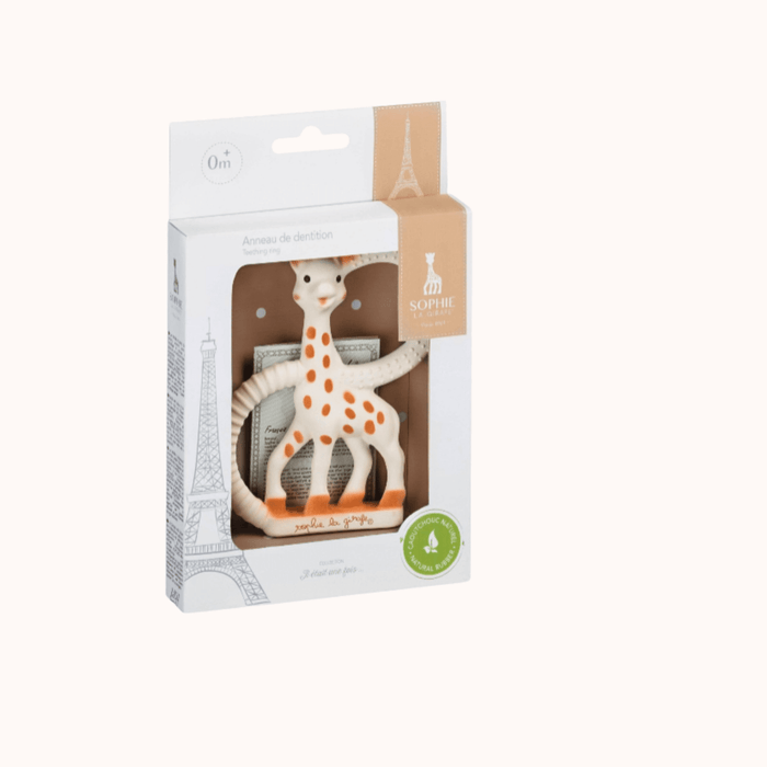 Sophie la Girafe Teething Ring natural rubber baby teether front view in white box