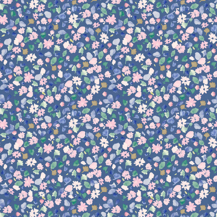 Small floral pattern on a blue cotton quilting fabric