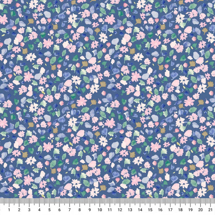 Floral pattern fabric with small flowers and leaves on a blue background