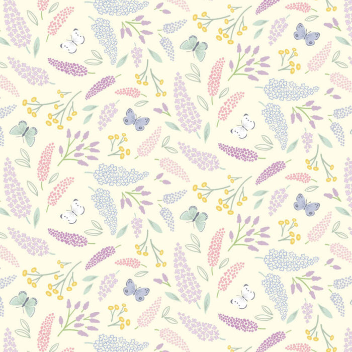 Pattern of butterflies and flowers on a light cotton quilting fabric