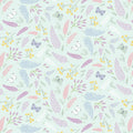 Pattern of flowers and butterflies on a light blue Butterflies printed on a lilac cotton quilting fabric