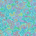 Colorful floral and paisley pattern on a teal cotton quilting fabric