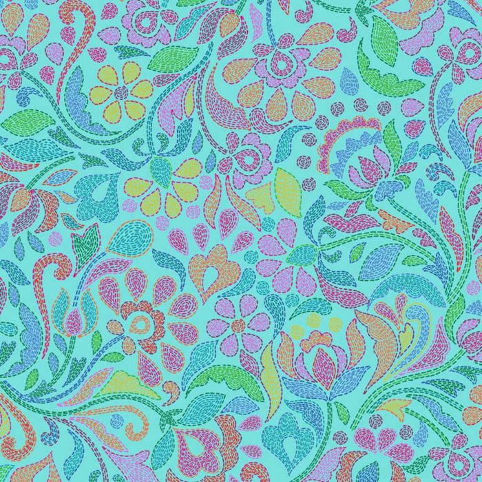 Colorful floral and paisley pattern on a teal cotton quilting fabric