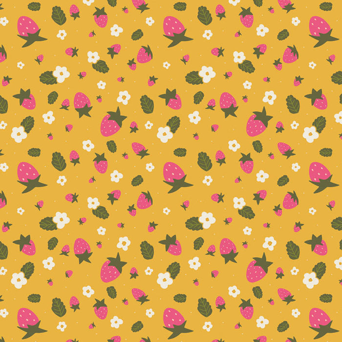 Strawberries printed on an ochre cotton quilting fabric