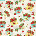 Pattern of strawberries in baskets and boxes on a light cotton quilting fabric
