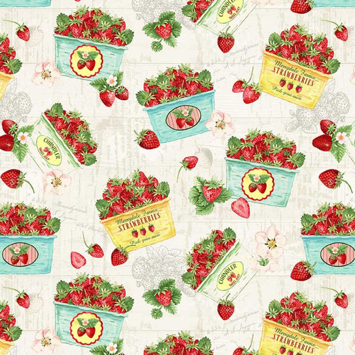 Pattern of strawberries in baskets and boxes on a light cotton quilting fabric