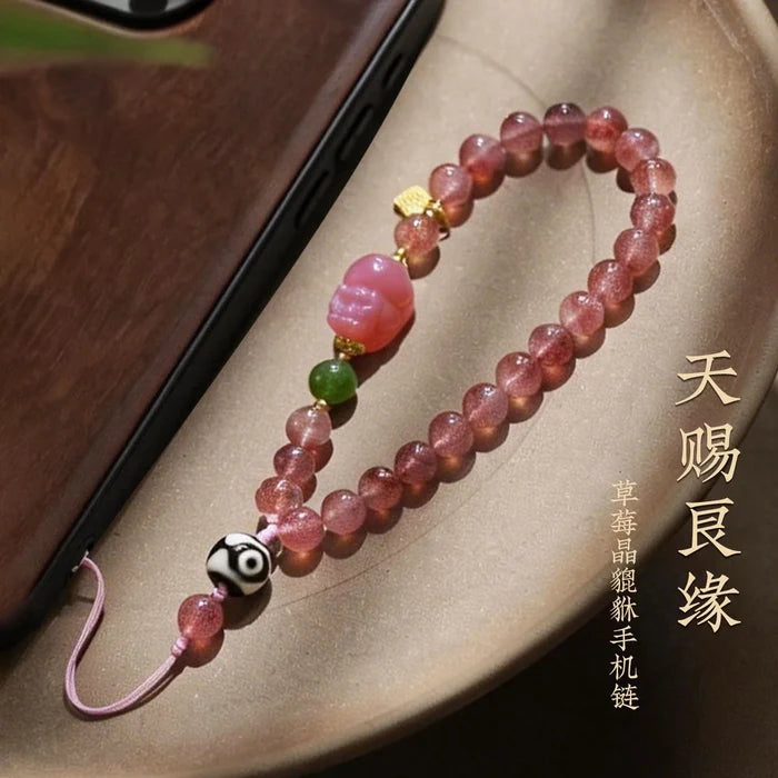 Strawberry Quartz crystal phone charm for joy and creativity, Crystalvana